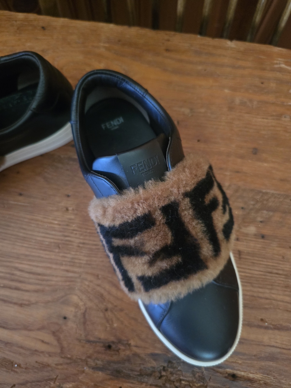 Fendi Black Leather Sneakers with Brown Shearling FF Strap - Picture 6 of 16